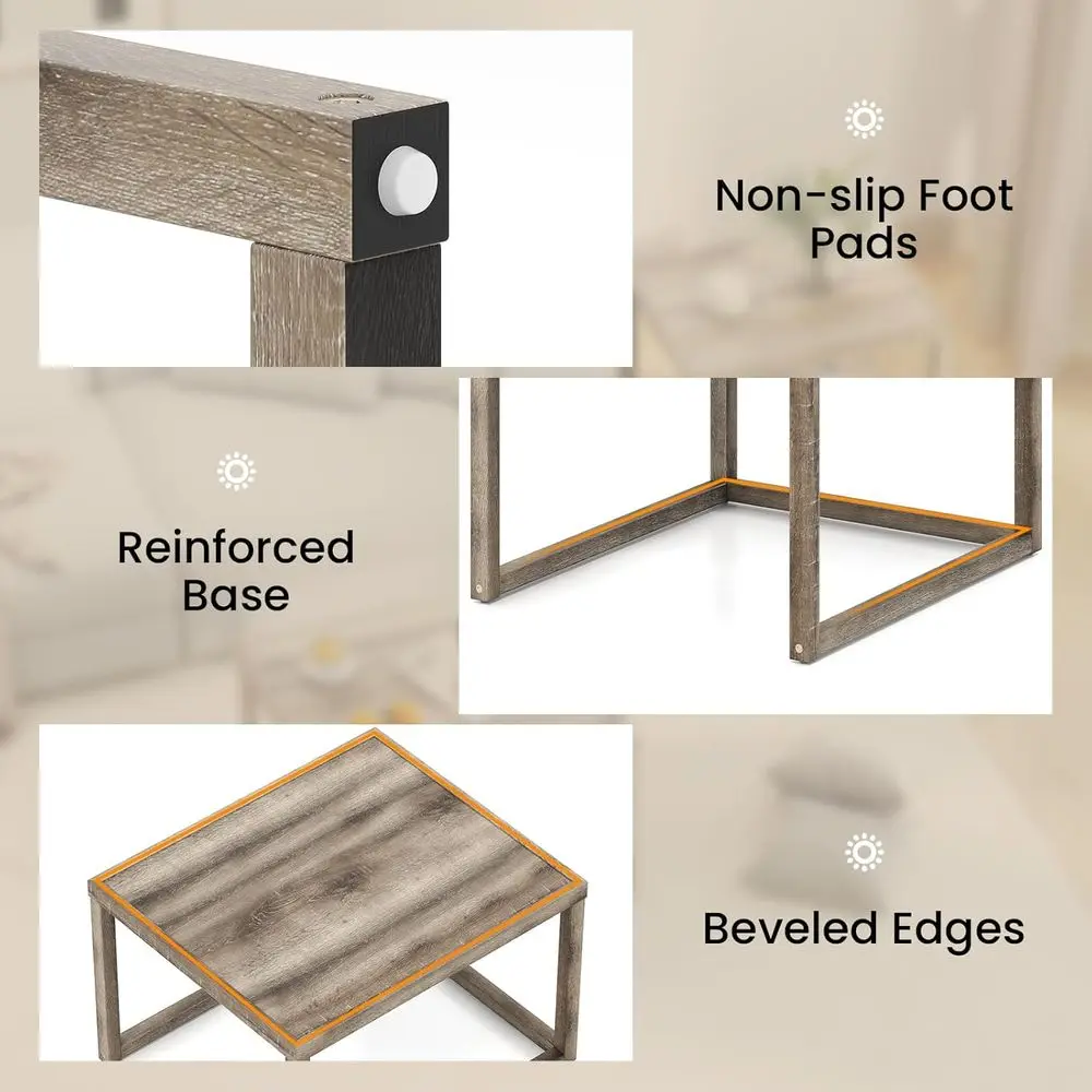 2-Piece Nesting Coffee Table Set, Stackable 2-Level End Tables with Storage, Rubberwood Frame, Grey Oak Finish, Ideal for Small