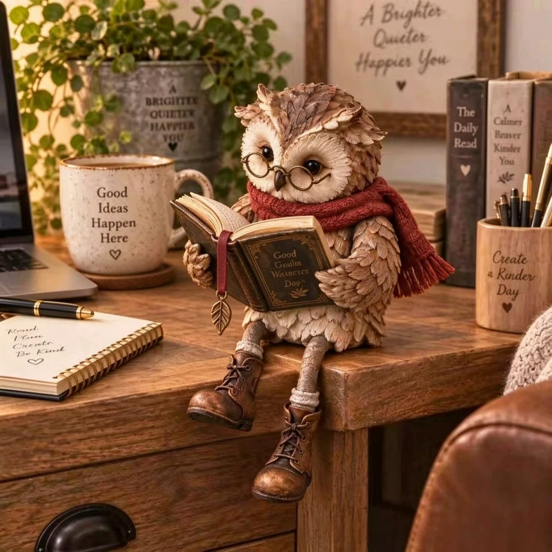 Reading Owl Resin Figurine Cute Owl with Book and Glasses Desktop Decoration Home Office Study Room Decor Gift