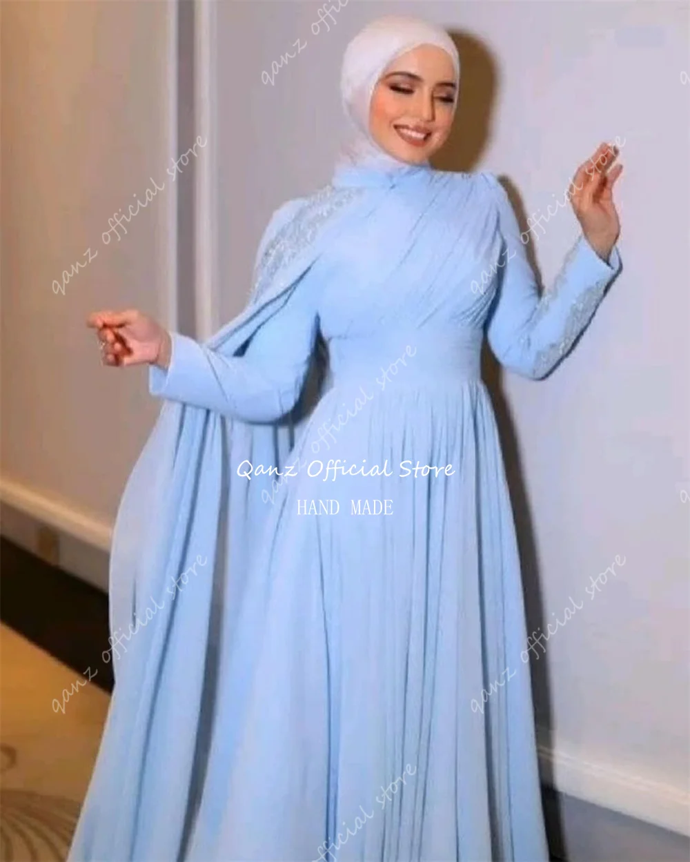 Qanz Elegant Muslim Luxury Evening Dresses Long A Line Chiffon Dubai Arabic Wedding Party Dress Sequined Prom Gowns Customized