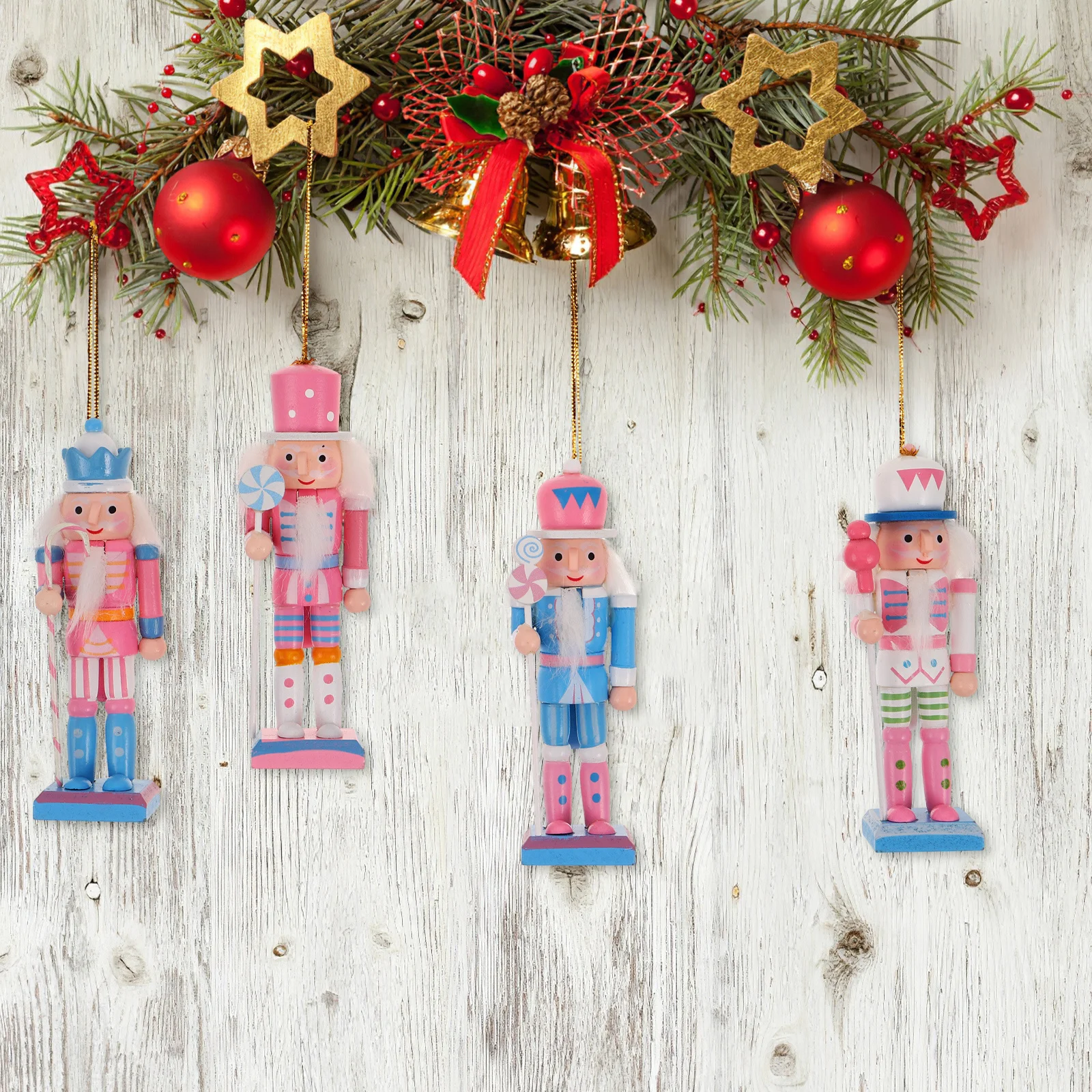 

4Pcs Nutcracker Ornaments Wooden Hanging Decor - Festive Christmas Soldier Puppet Set for Tree Mantel Table Display Decoration