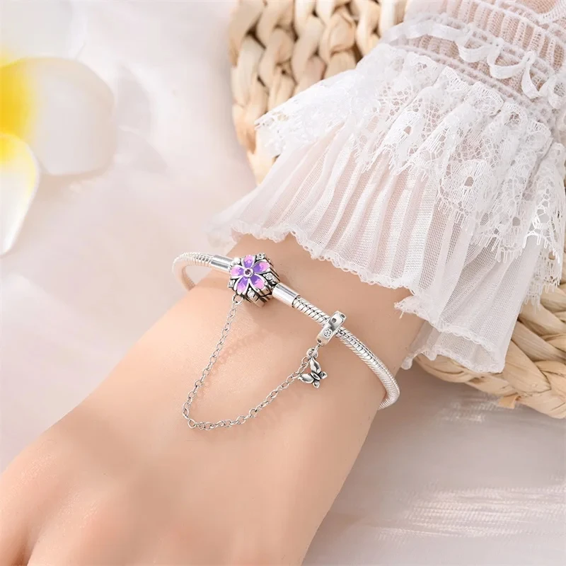 New 925 Sterling Silver Colorful Flower Butterfly Daisy Bracelets With Safety Chain Fit DIY Charms Beads Fine Birthday Jewelry