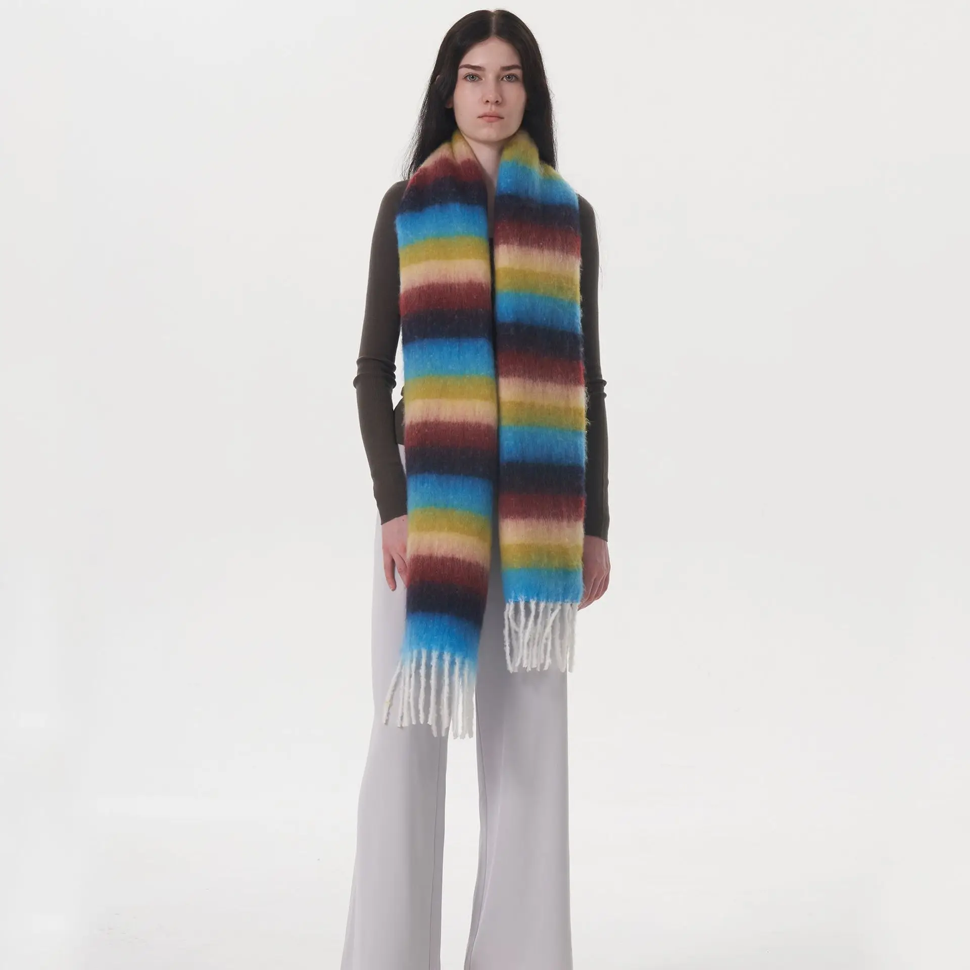 وشاح شرابة وشاح شتوي مشعر يلتف الكشمير وشاح نسائي بألوان قوس قزح لفكرة الهدايا والمناسبات الرسمية والأنشطة الخارجية