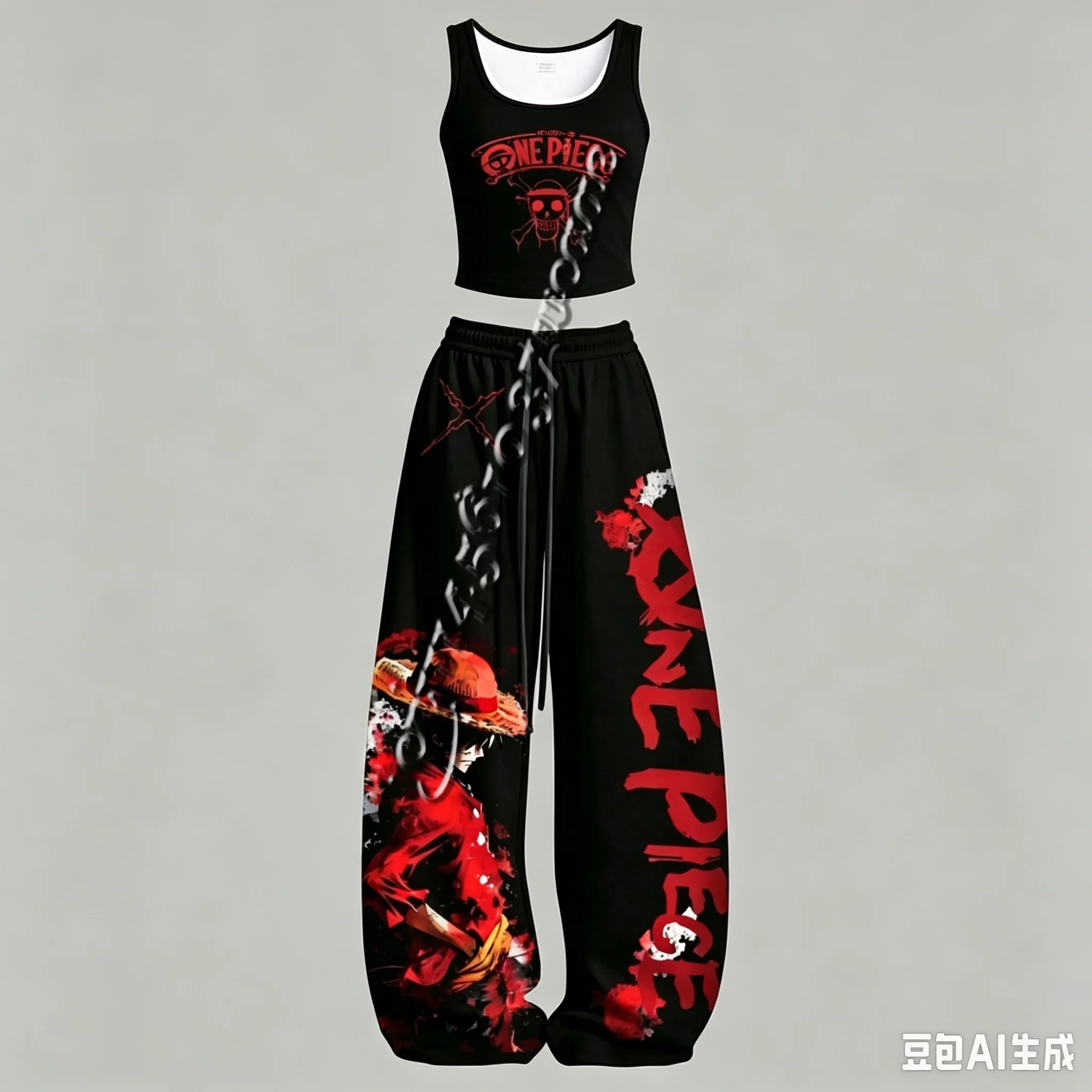 Neues One Piece Luffy Gear5 Zoro Serie Anime-Charakter Tanktop und Weite Hose Set, Unisex Anime-Outfit für die Familie – Detail 5
