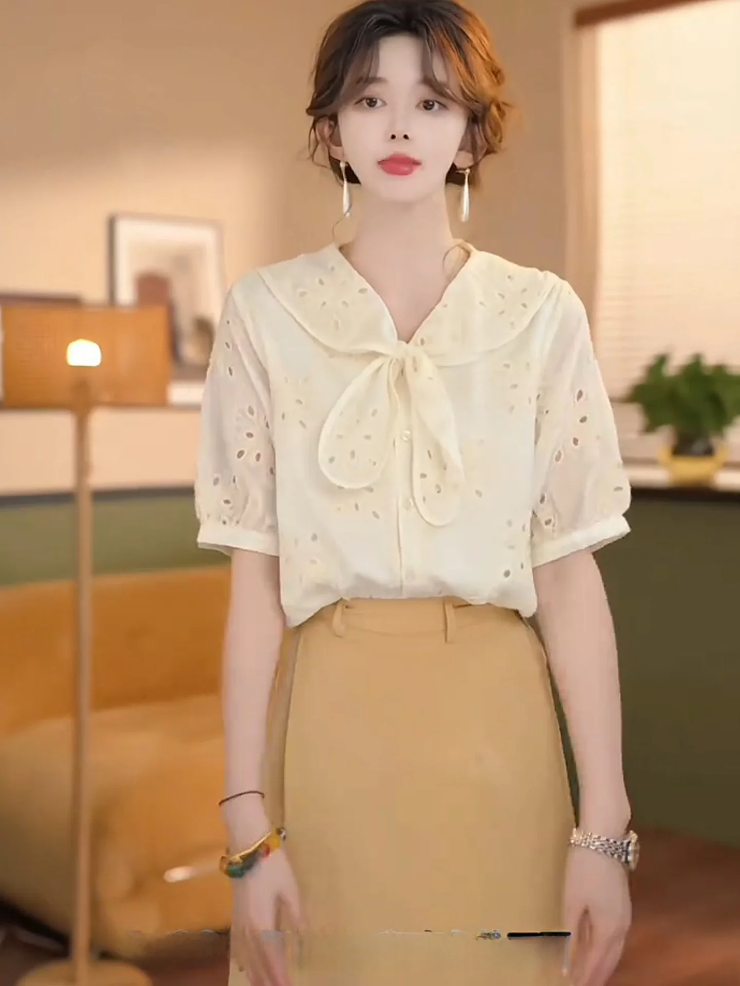 

Embroidered Knot Pure Color irt Hollow out Belted Women's Summer Slimming Anti-Aging Silk Top Korean Sle