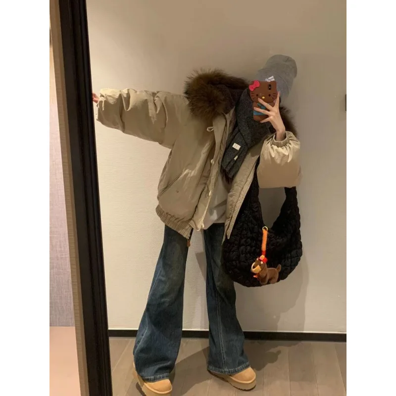 코너 버튼 패딩 코트 여성용 겨울 신상 루즈핏 빅 퍼 칼라 패딩 재킷 스몰 코트
