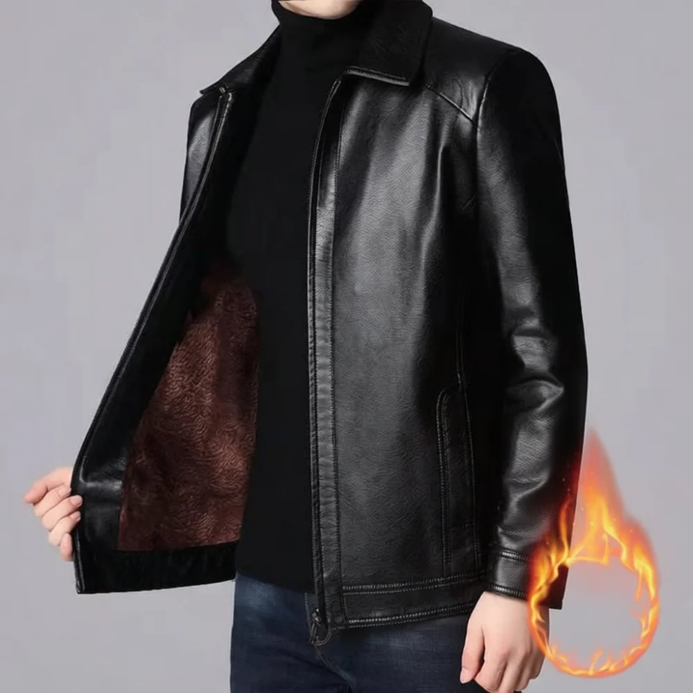 Mens Stand Collar Pu Leather Jacket Winter Plus Velvet Warm Coat Business Casual Loose Comfortable Autumn Style Outerwear