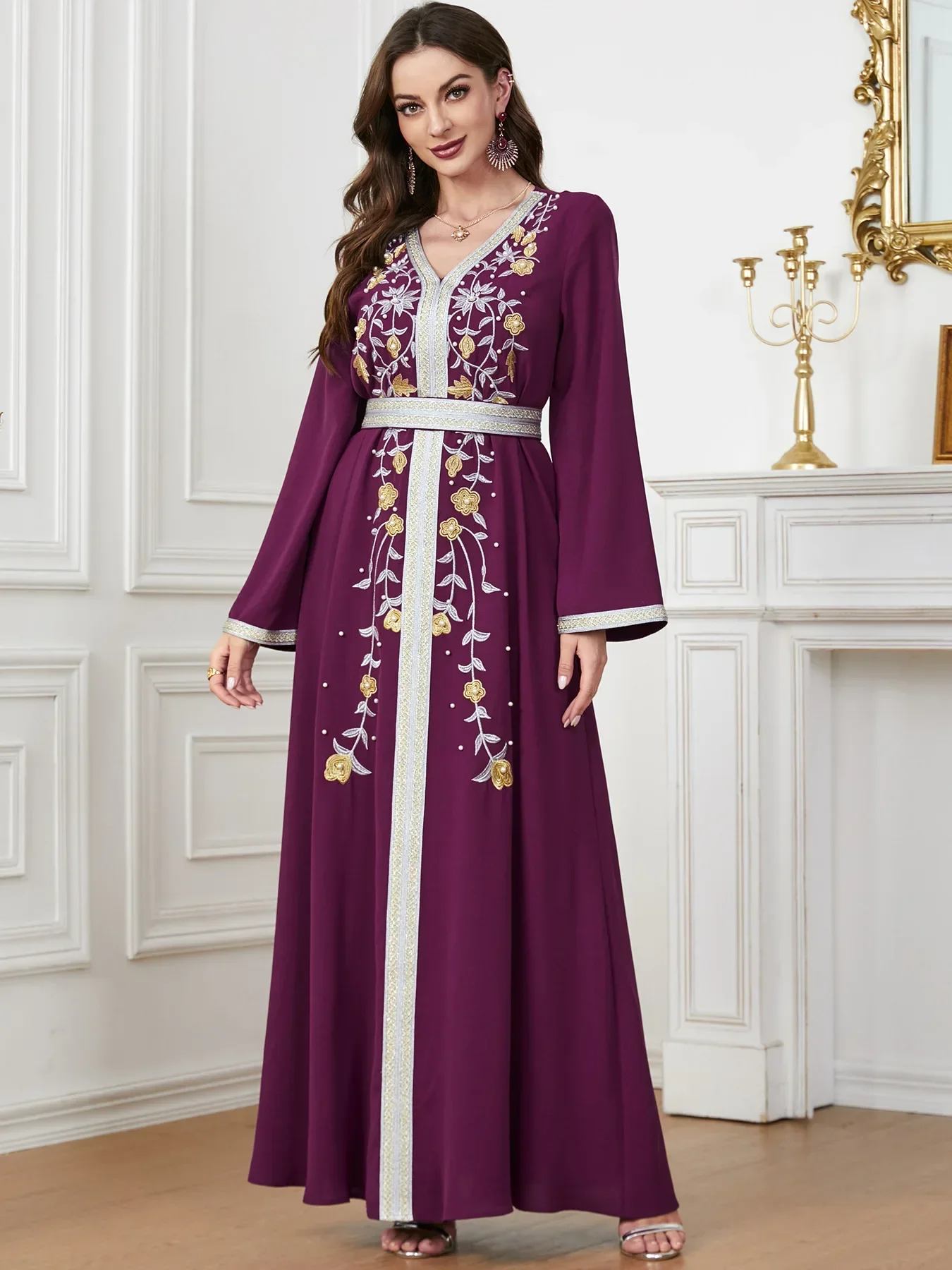 Autumn Embroidery Eid Muslim Party Dress for Women Jalabiya Abaya Ramadan Long Dresses Abayas Woman Lace-up Caftan Vestidos Robe