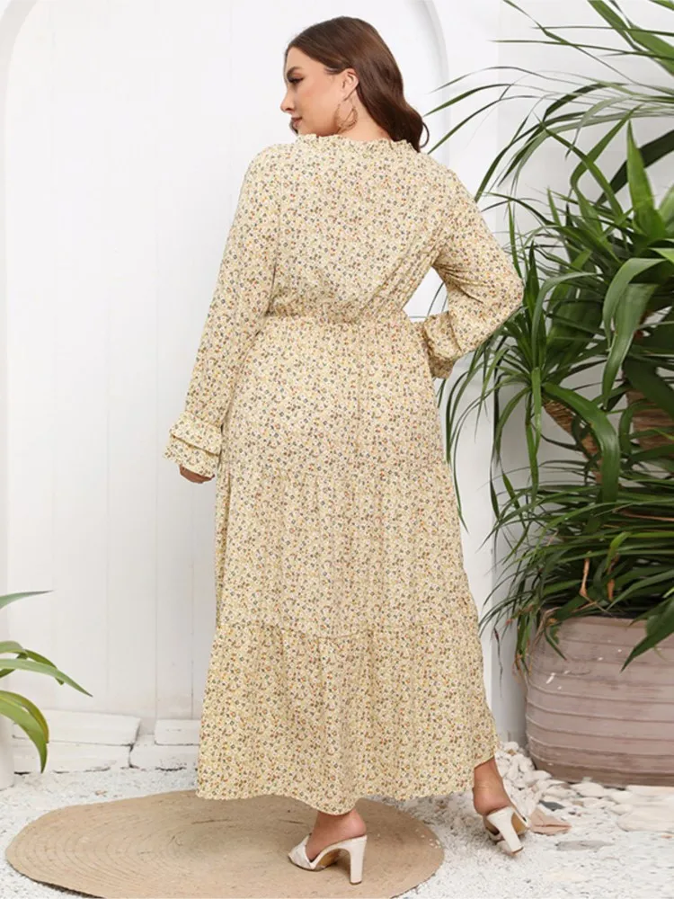 Plus Size Autumn Chiffon Floral Long Dress Women Flower Print Fashion Ruffle Pleated Ladies Dresses Long Sleeve Woman Dress 2023