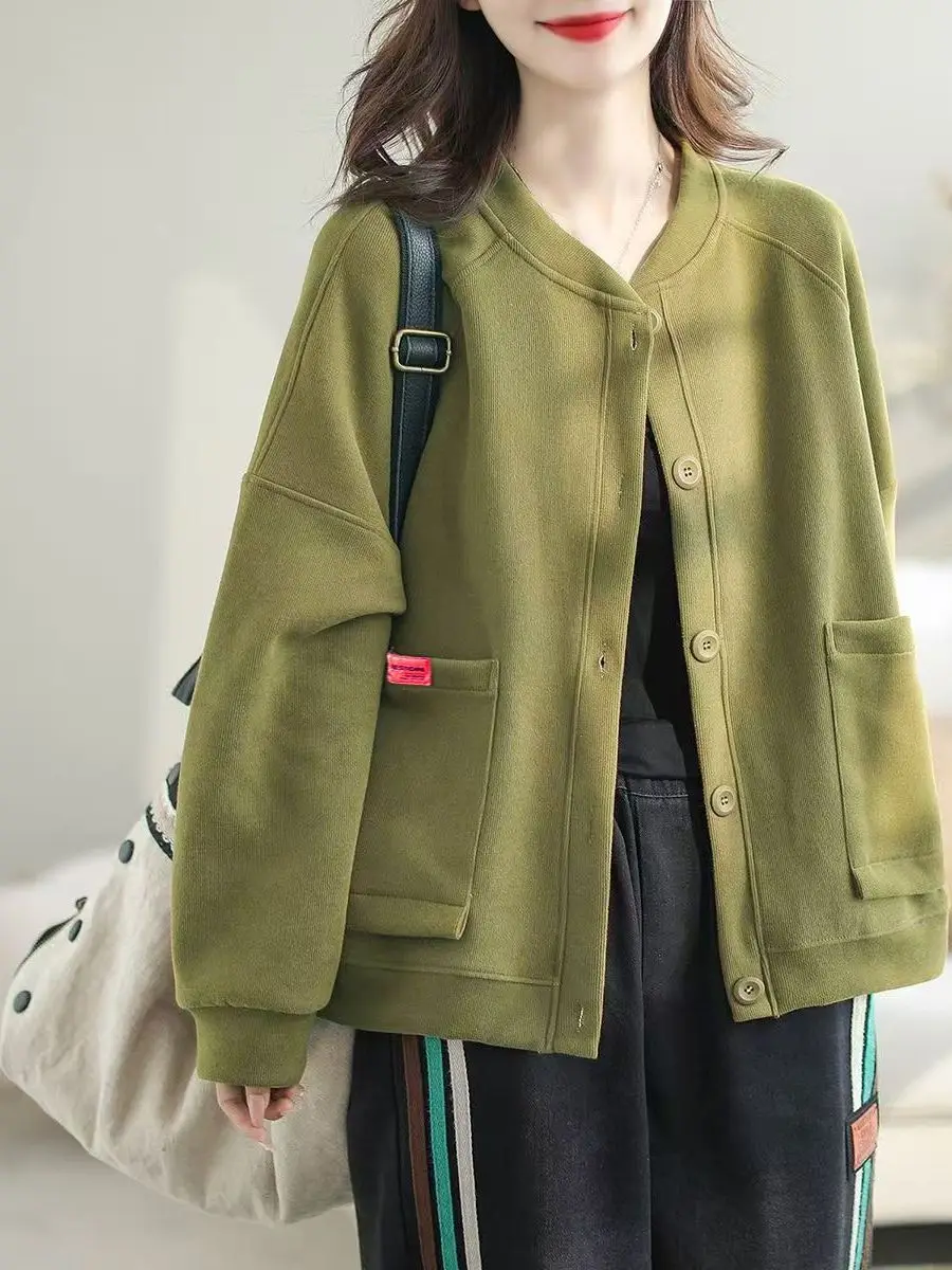 Fashionable Baseball Style Hoodie Jacket Women's Spring Autumn plus Size Stand Collar Cover Belly Top Simple  Color