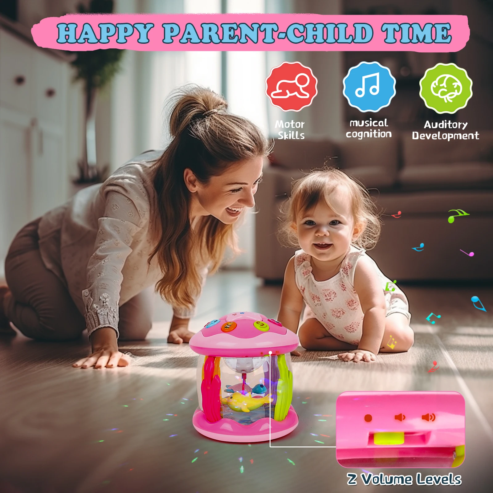 Tambor giratório oceano projetor com melodias para criança, brinquedos educativos de aprendizagem, brinquedos musicais light up para bebê, 6 a 12 meses