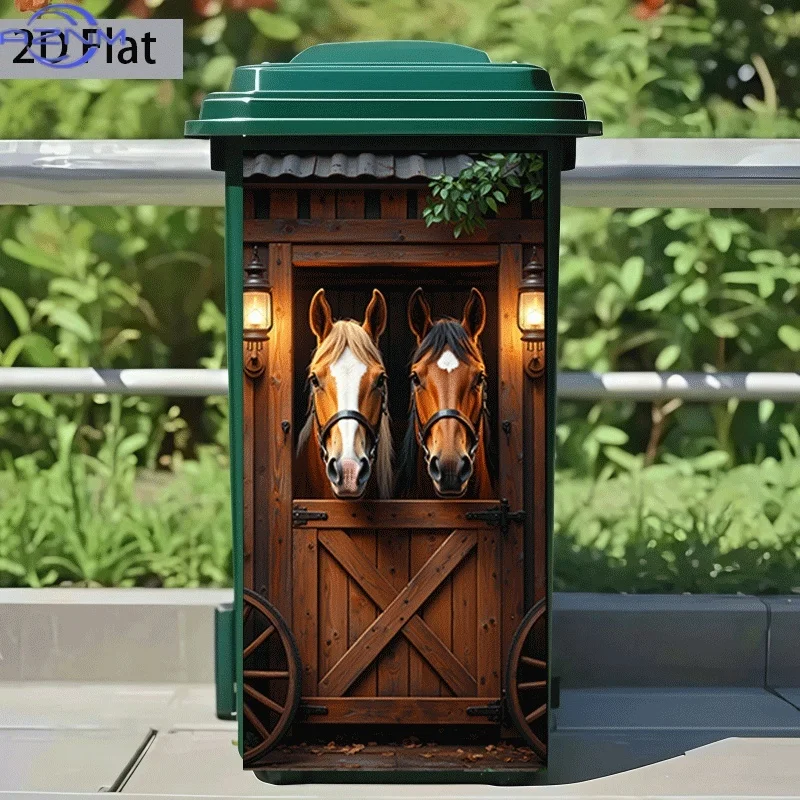 2D Flat Printing 1pc Trash Can Sticker  Double Horse Wooden Door Night Light Themed Design Self-Adhesive Wall Decal Wallpaper