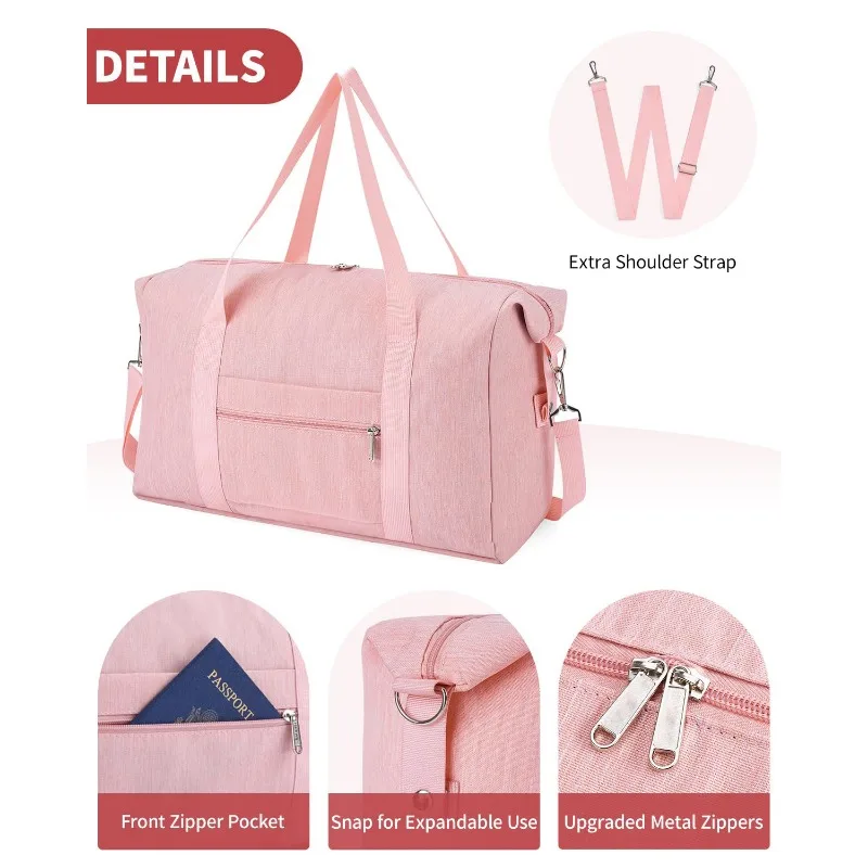 1pcs Storage Duffel Bag Polyester Pink Expandable Gym Tote Front Zipper Pocket Detachable Strap Weekend Travel Clothes Bag view 3