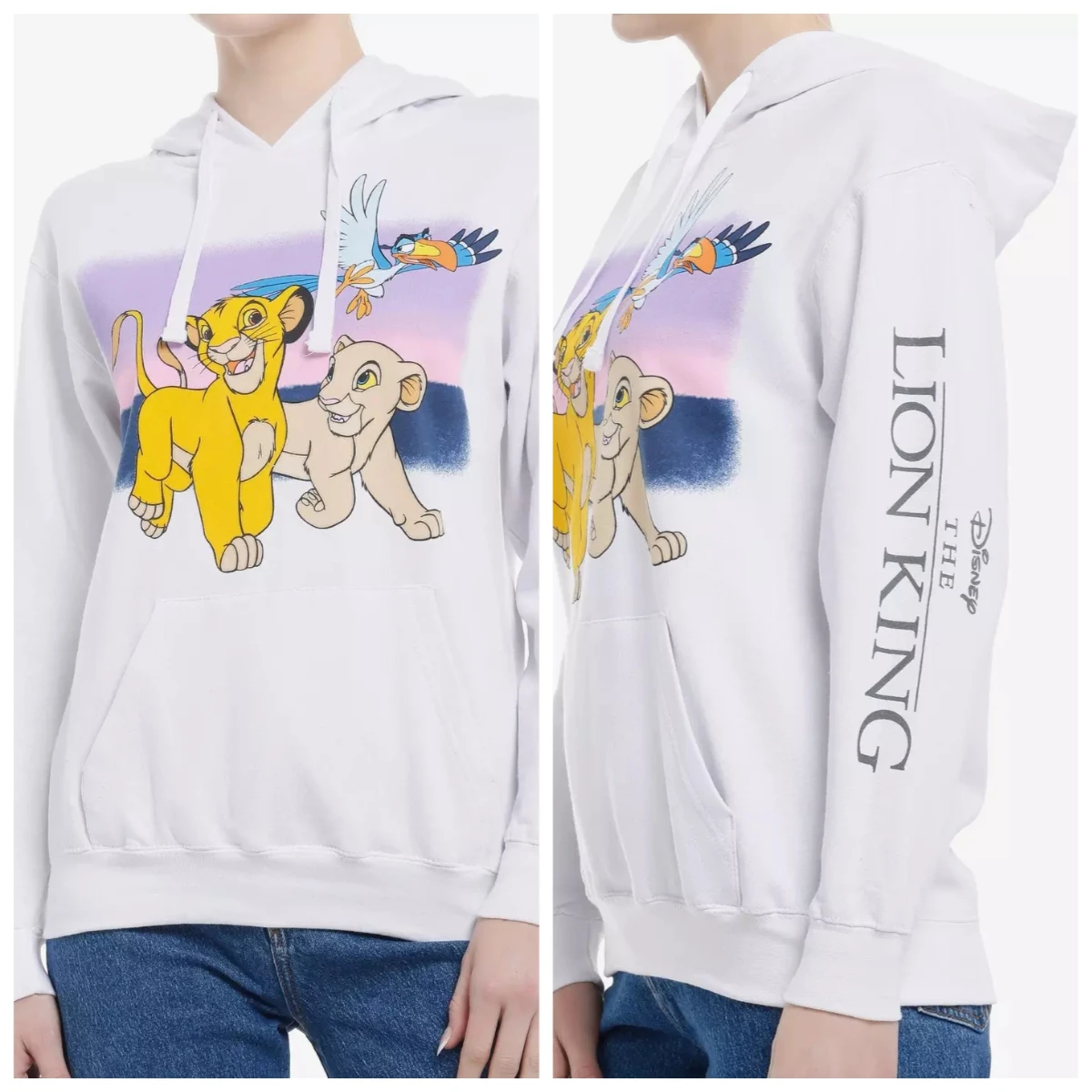 Sudadera con capucha de lana de algodón Unisex del Rey León de Disney, Color blanco, dos cachorros de León sonriente, estampado en la espalda, diseño de pájaro volador, ajuste holgado