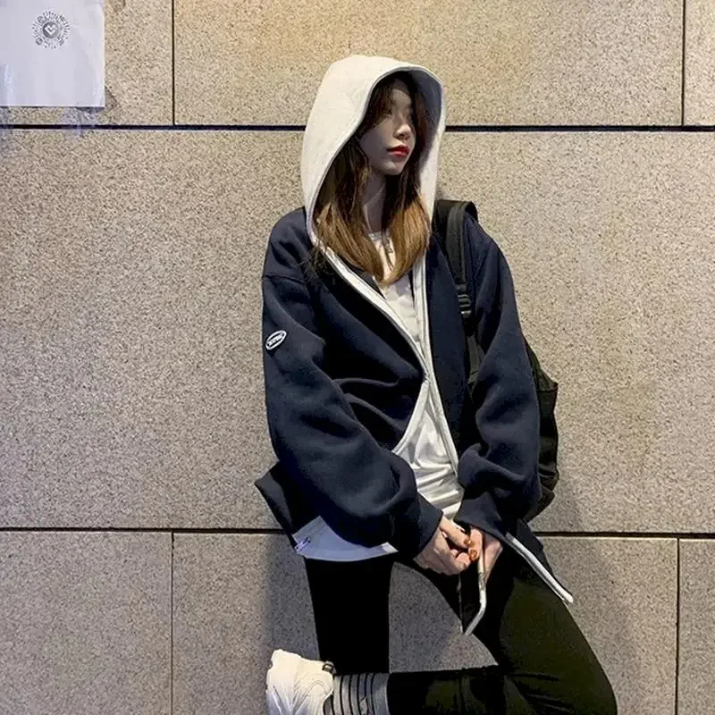 

Autumn Winter Trend Hoodies Women Fashion Design Hooded Jacket Loose Fried Street Baseball Suit Coat Plus Velvet Cardigan Hoodie