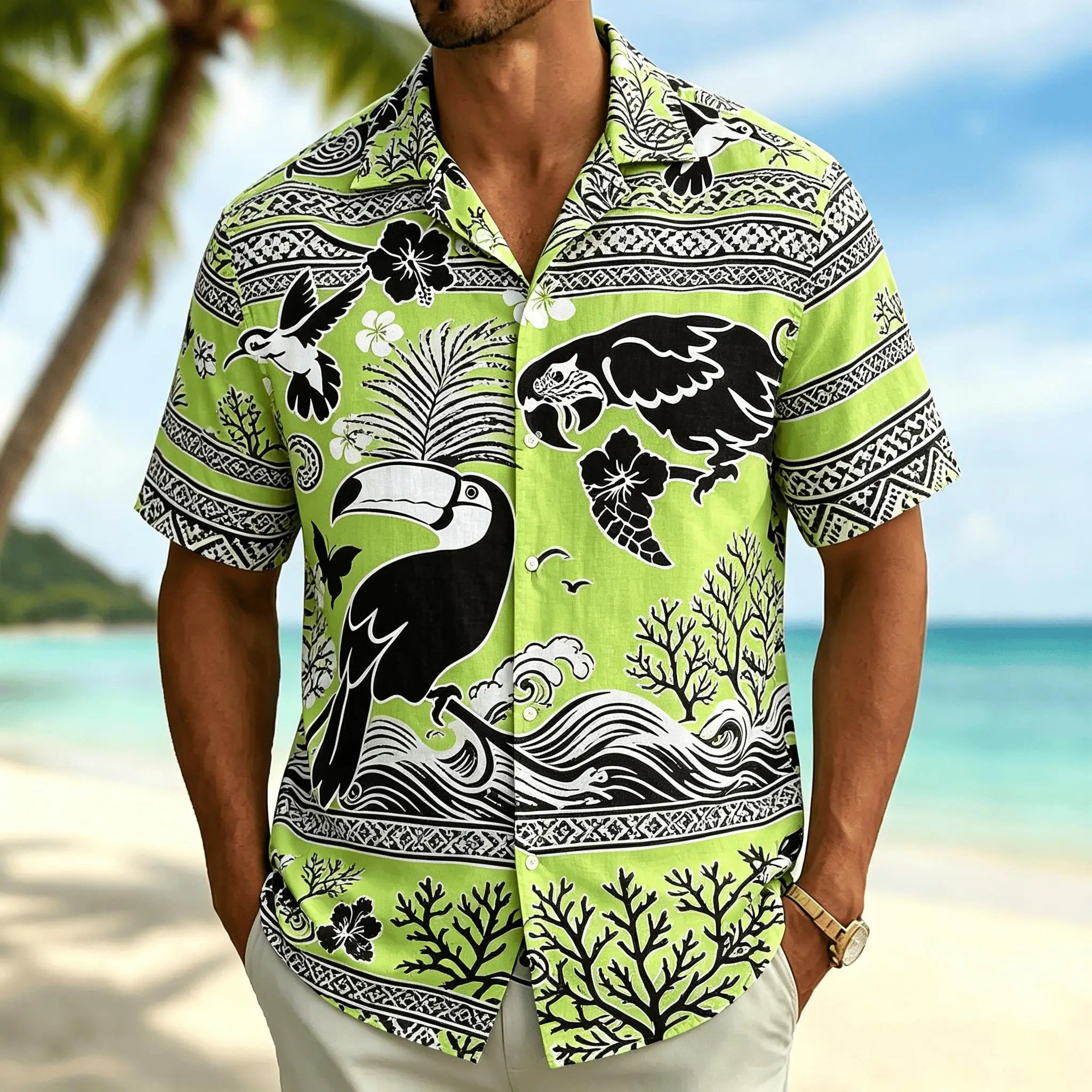 Camisa de Manga Corta con Estampado Tribal de Tucán Verde Lima para Hombre, Camisa Hawaiana con Botones y Flores Tropicales para Primavera y Verano