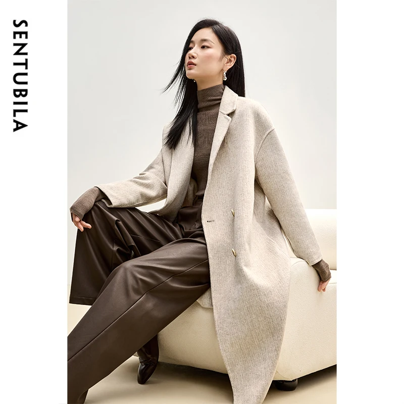 

SENTUBILA Woman Wool Coat 2025 Winter Fashion Elegant Luxury Notched Double Breasted Long Outerwear Commute Warm Coats W44W56631