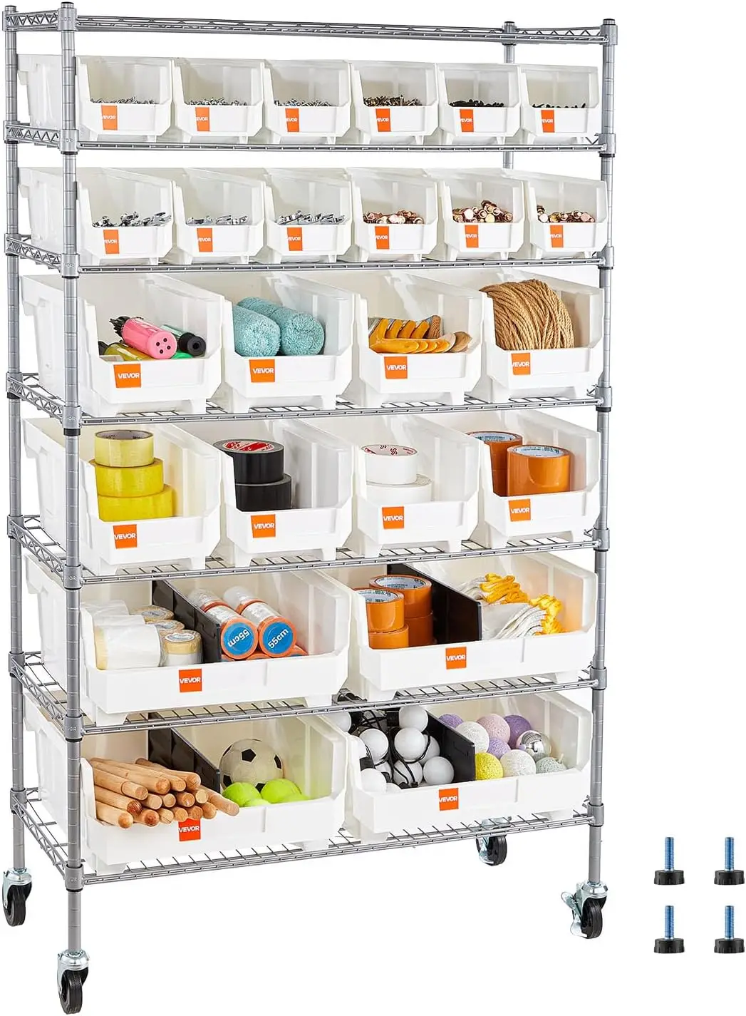 7-Tier Rolling Bin Storage Rack, 24 Organizer Bins, Bin Rack Storage Steel Wire Shelving System with Wheels, Mobile Tool Organiz