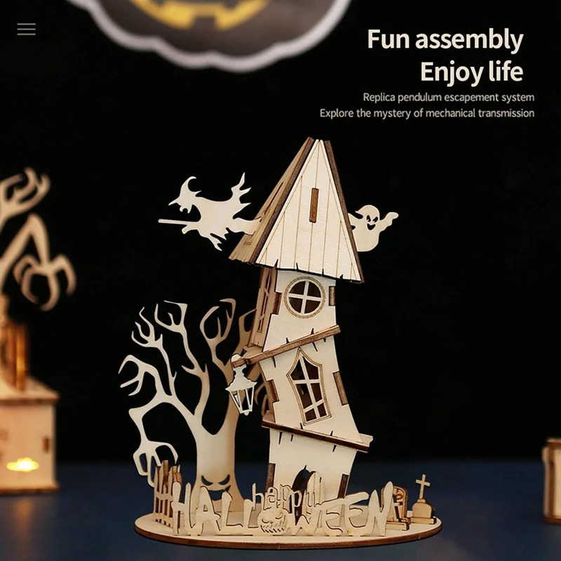 3D Wooden Halloween Haunted House Puzzle, Creatives Wooden Haunted House Puzzle, Assembly Model For Adults And Children