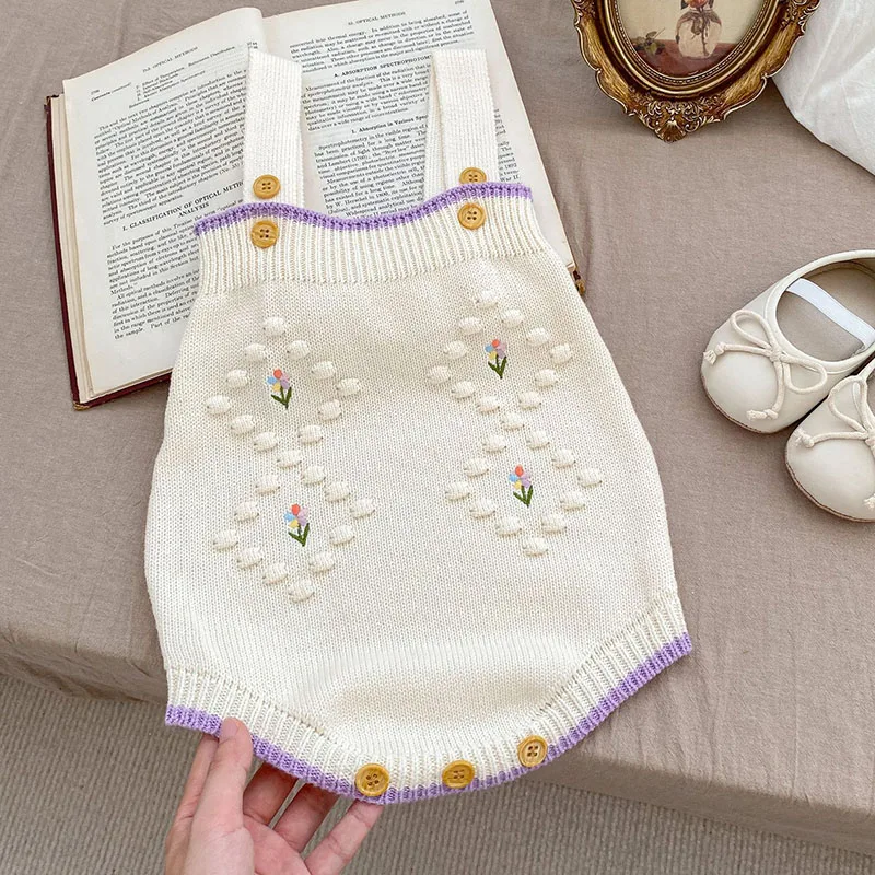 Autumn Spring Infant Baby Girl Knitting Clothes Set Long Sleeved Floral Embroidery Cardigan+Jumpsuit Newborn Baby Clothing Suit