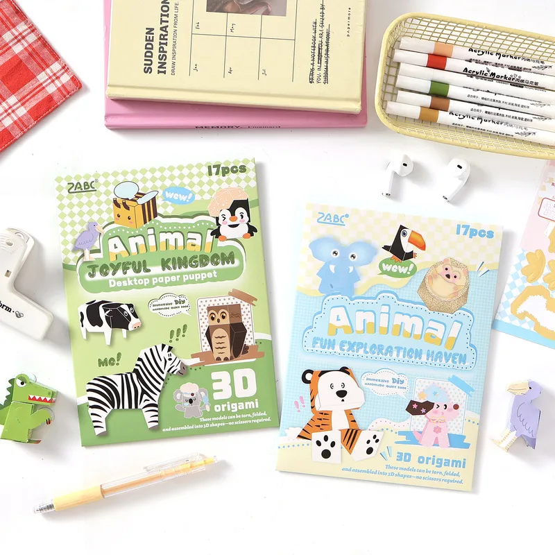 17Pcs Animal Garden Matte Coated Paper 3D Origami Kit, No-scissors Cute Cartoon Animal Paper Puppet Model, Aesthetic DIY Craft f