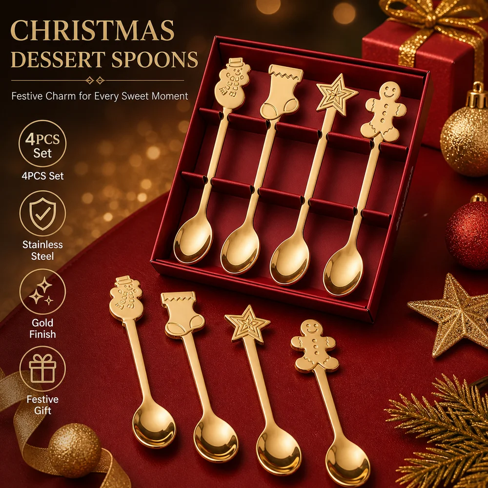 4PCS Set New Stainless Steel Dessert Spoons Snowman Festive Cutlery Spoon Stocking Gingerbread Christmas Teaspoons Table Setting