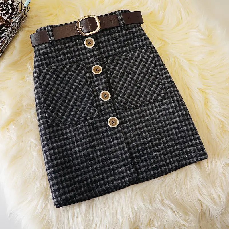 Vintage High Waist Plaid All-match A-line Skirt Autumn Winter Button Patchwork Elegant Midi Skirt Fashion Office Women Clothing