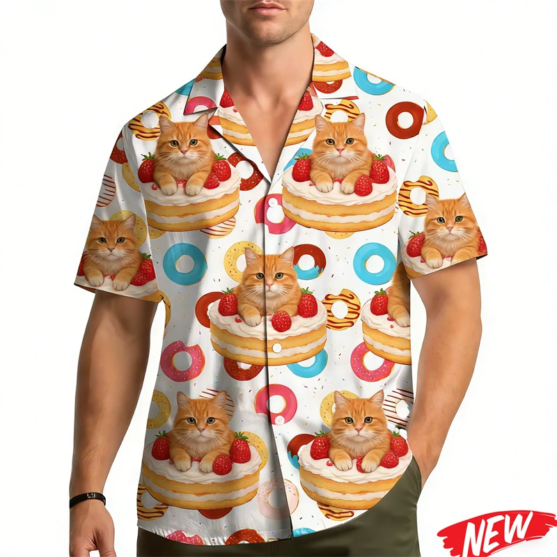 

Creative Dessert Cat Pattern Shirt Men 2026 Spring Summer Beach Shirt 3d Printing Animal Hawaiian Shirts Short Sleeve Tops