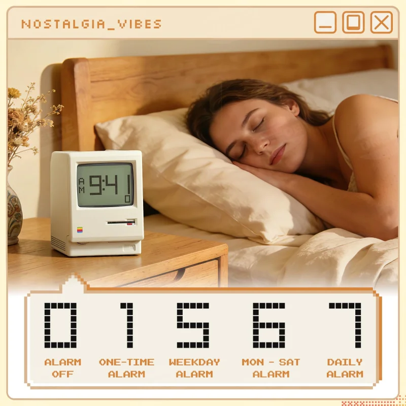Retro Maclock Macintosh Alarm Clock Rechargeable Vintage Computer Pixel Desk Clock with Temperature Calendar Snooze Function