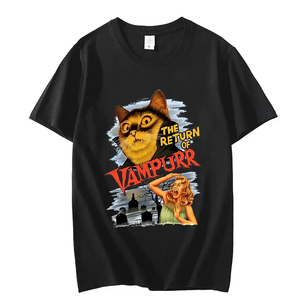 Customization Shirt Funny Cat The Return Of Vampurr Graphic T-shirt Men Women Cotton Short Sleeve Horror Halloween T Shirt Casua