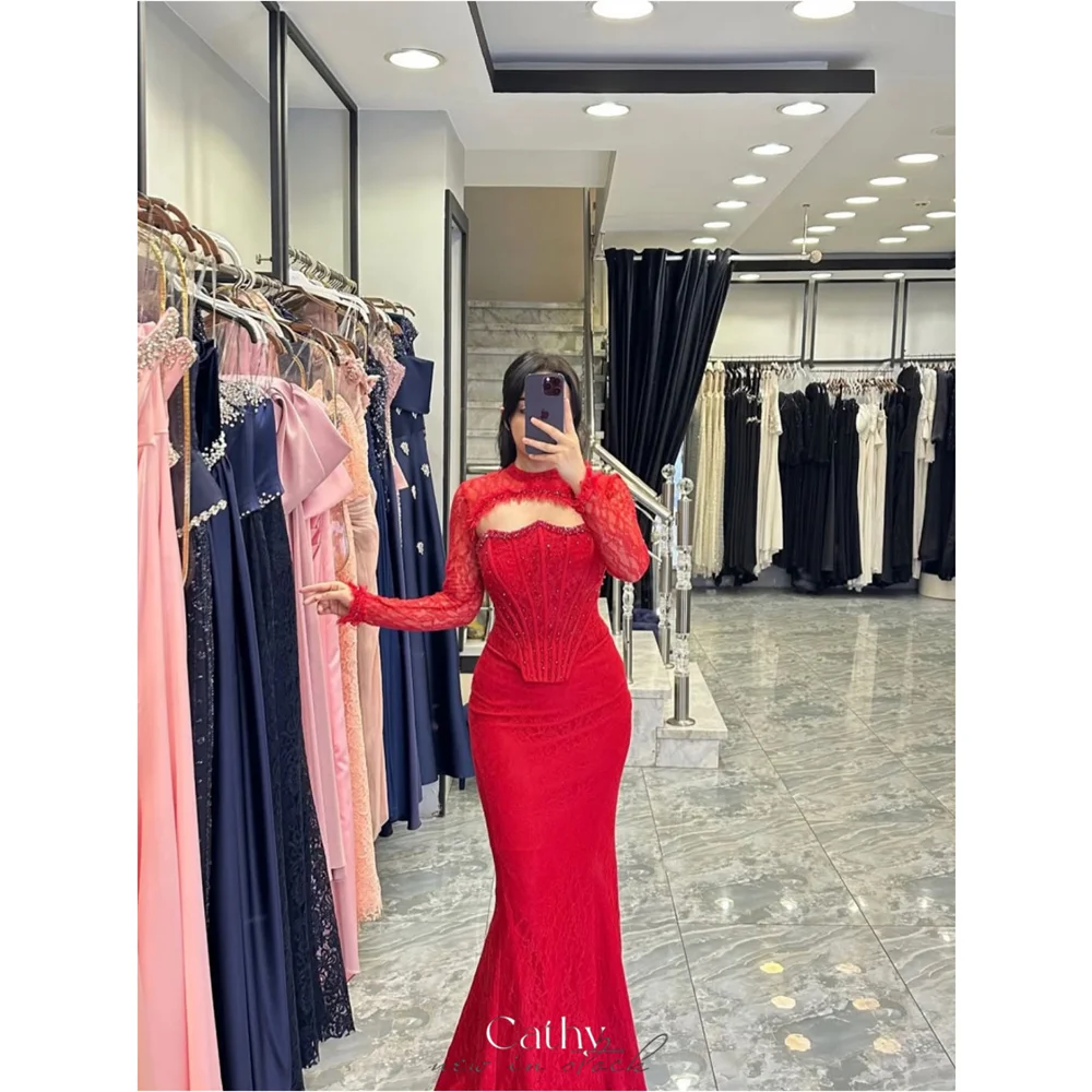 Cathy Customized Red Detachable Lace Sleeves Prom Dress Elegant Mermaid vestidos de noiva Floor-length Formal Evening 2025