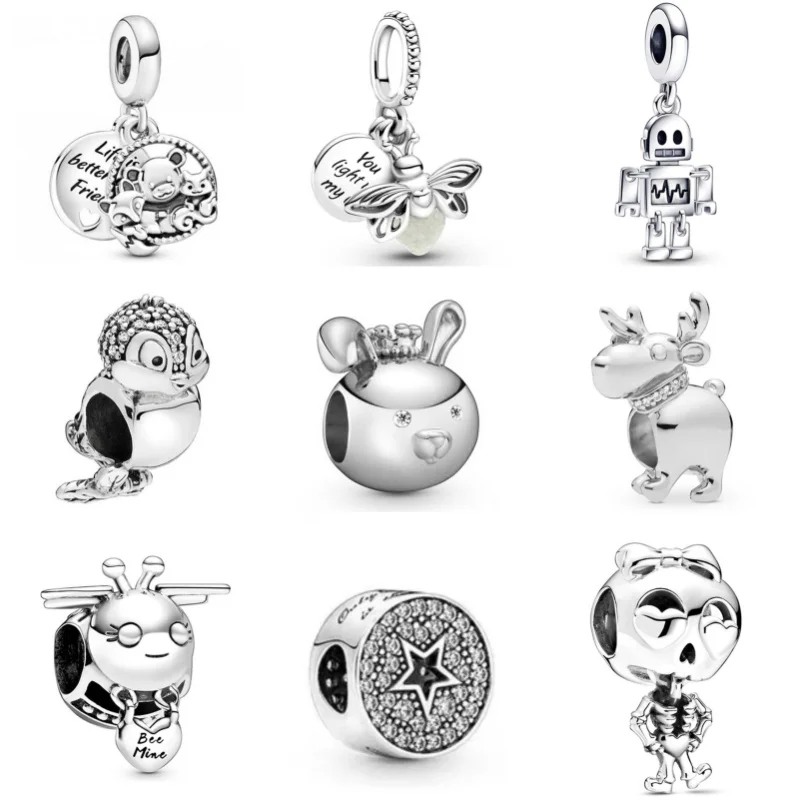 New Silver Platedr Diamond Pendant Alloy Robot Hollow Charm Beads For Pandora DIY Bracelet Necklace Jewelry Accessories Gifts