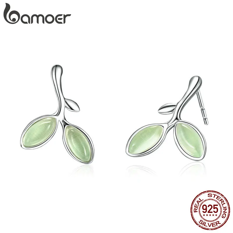 

BAMOER Real 925 Sterling Silver Hope Leaves Tree Green Buds Small Stud Earrings for Women Authentic Silver Jewelry SCE465