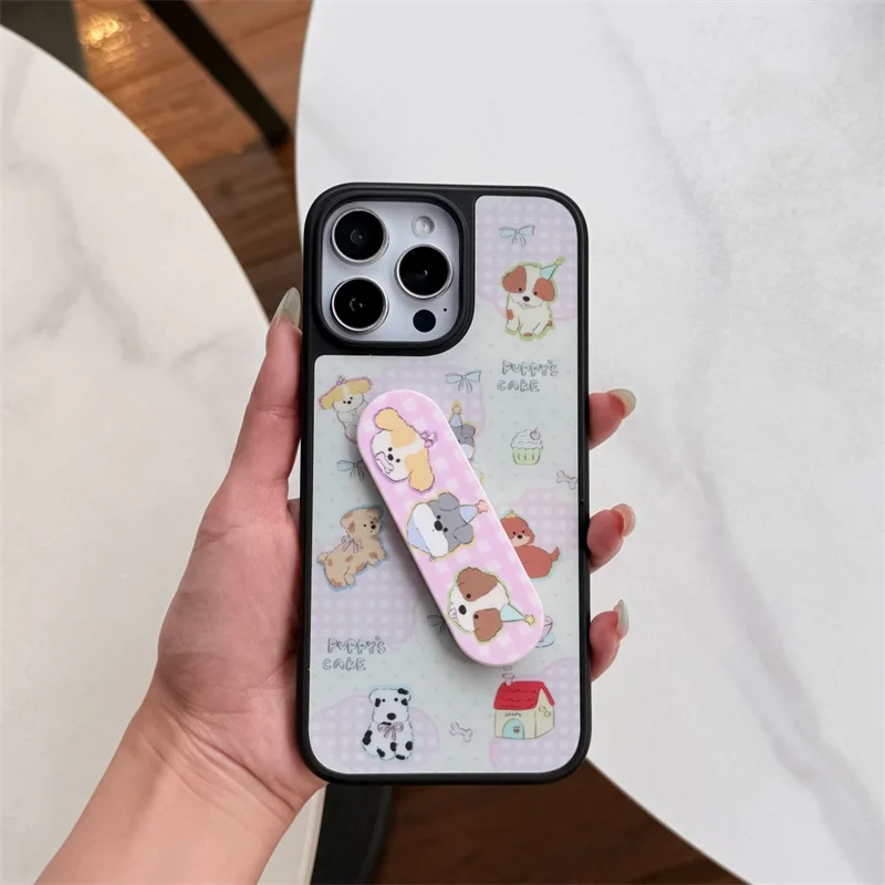 귀여운 강아지 아이폰 16 Pro 14 15 Pro Max 폰 케이스, 스탠드 홀더가 있는 카와이 만화 충격 방지 하드 케이스