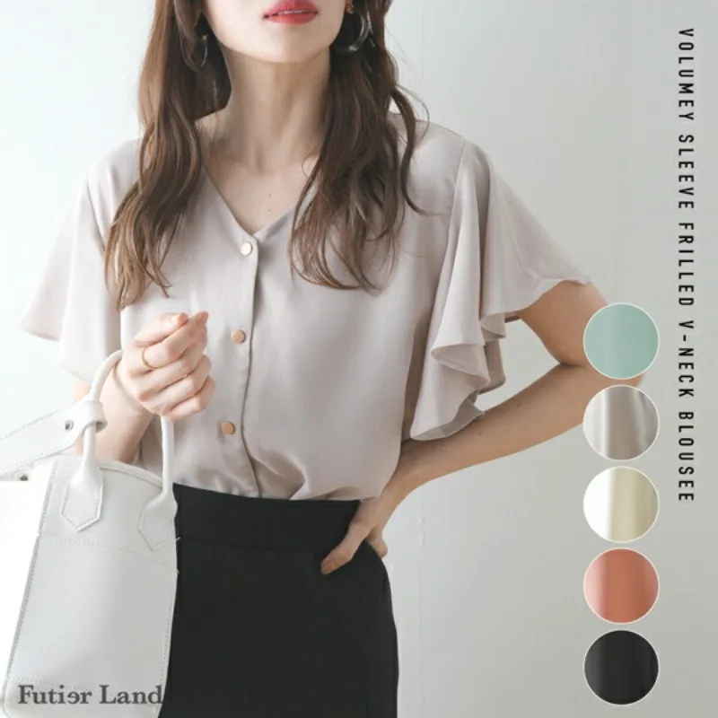 Loose Sweet  Pure Color V-Neck Puff Sleeve Short Sleeve Chiffon Top Korean Style Commute Wind Single Piece Summer Shirt