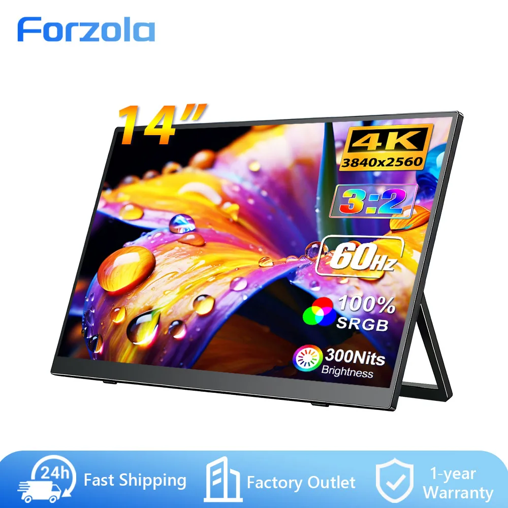 FORZOLA 14 Inch 4K Portable Monitor UHD 3840x2560 IPS External Second Screen 100% SRGB USB-C HDMI for Laptop PC Phone PS5 Gaming