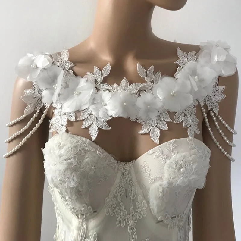 Veste Élégante en Dentelle pour Patients, avec Perles Appliquées, Accessoires Ronds pour Robe de Mariée, sur Mesure