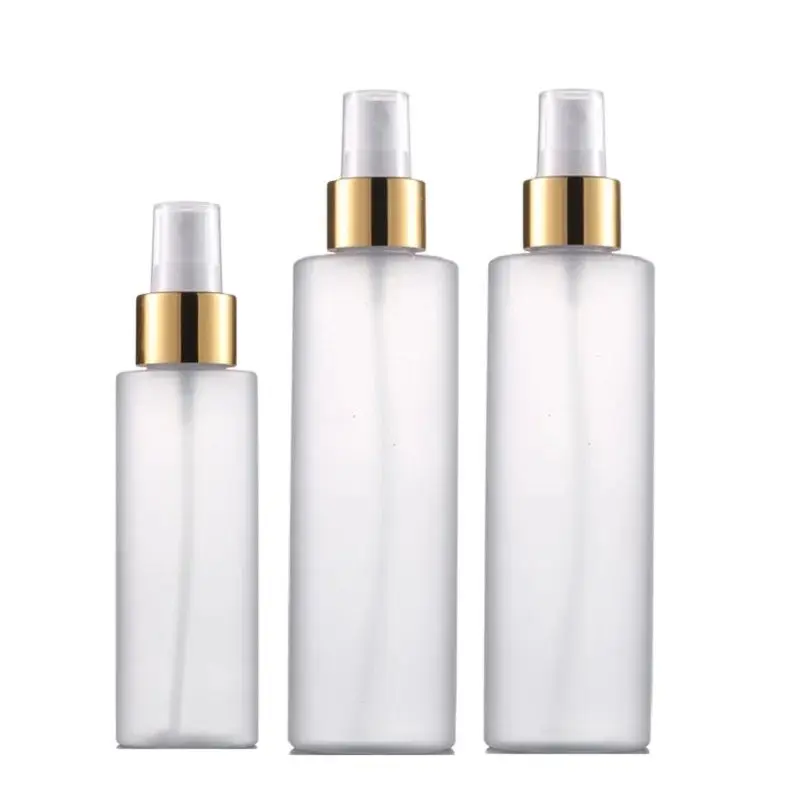 

30pcs 100ml 200ml PET Frost Plastic Perfume Bottle Gold Pump Toner Cosmetic Packaging Refillable Sunscreen Mist Spray Bottles