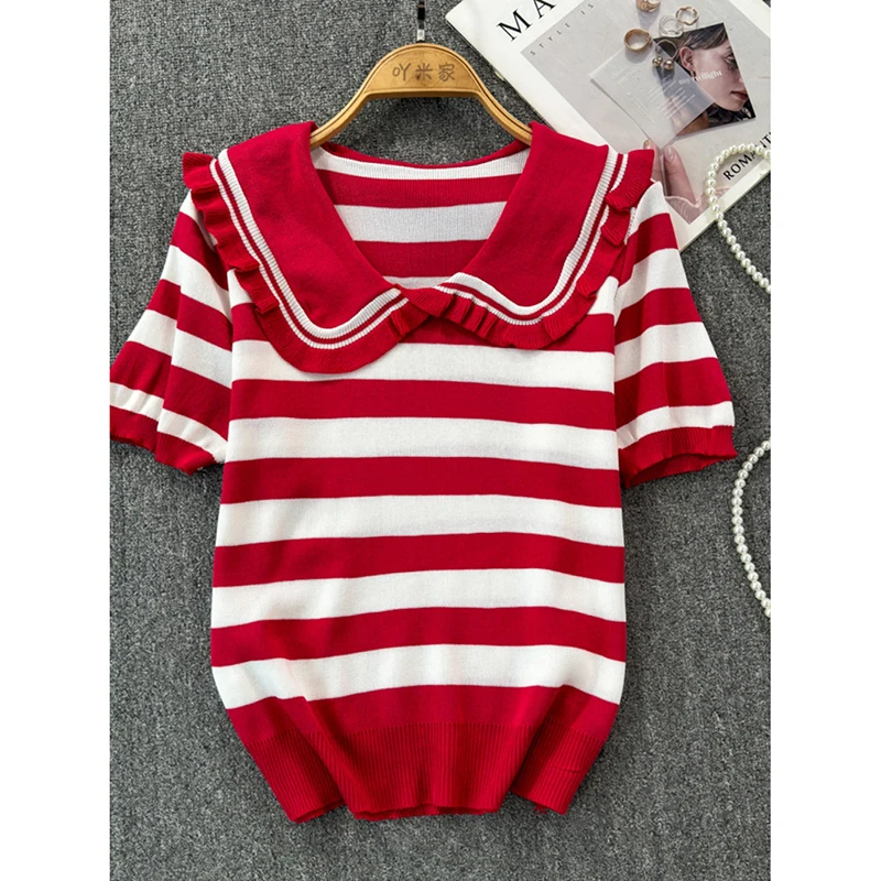 Doll Collar Striped Short Sleeves Knitwear Simple Sweet All-match High Stretch Thin Slim Top Women's New Summer Fashion T-shirt