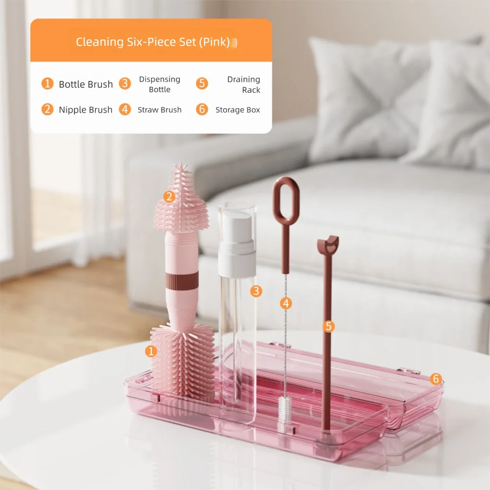 

Набор силиконовых щеток для чистки бутылочек с коробкой для хранения, соломенная щетка, набор для чистки детских бутылочек, вращающаяся на 360 градусов полоскание бутылочек