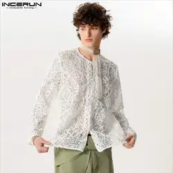 INCERUN-Tops de moda de estilo americano para hombre, camisas con botones de Jacquard, cárdigan informal Simple de manga larga, blusa S-5XL, 2024