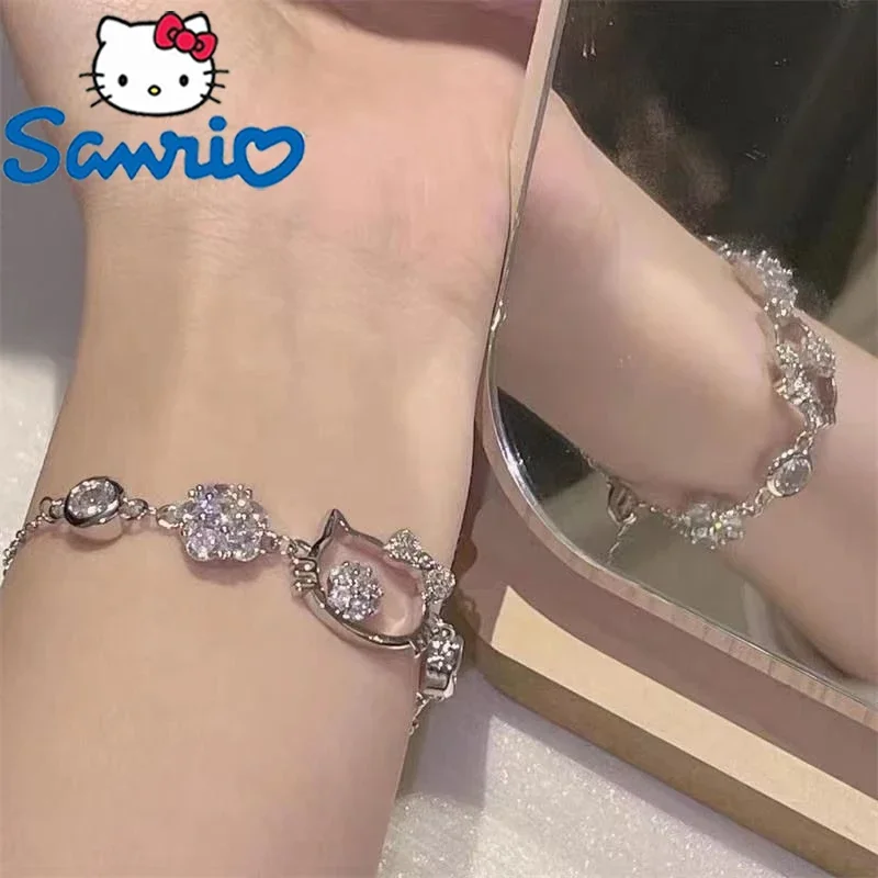 

Kawaii Sanrio Hello Kitty Diamond Setting Bracelet Girl Cartoon Light Luxury Decoration Jewelry Sexy Collarbone Chain Set Gifts