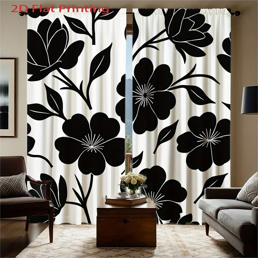 2pcs, 2D Flat Printing Curtains Black White Floral Pattern for Amazon US, Rod Pocket Velvet Fabric Window Home Decor