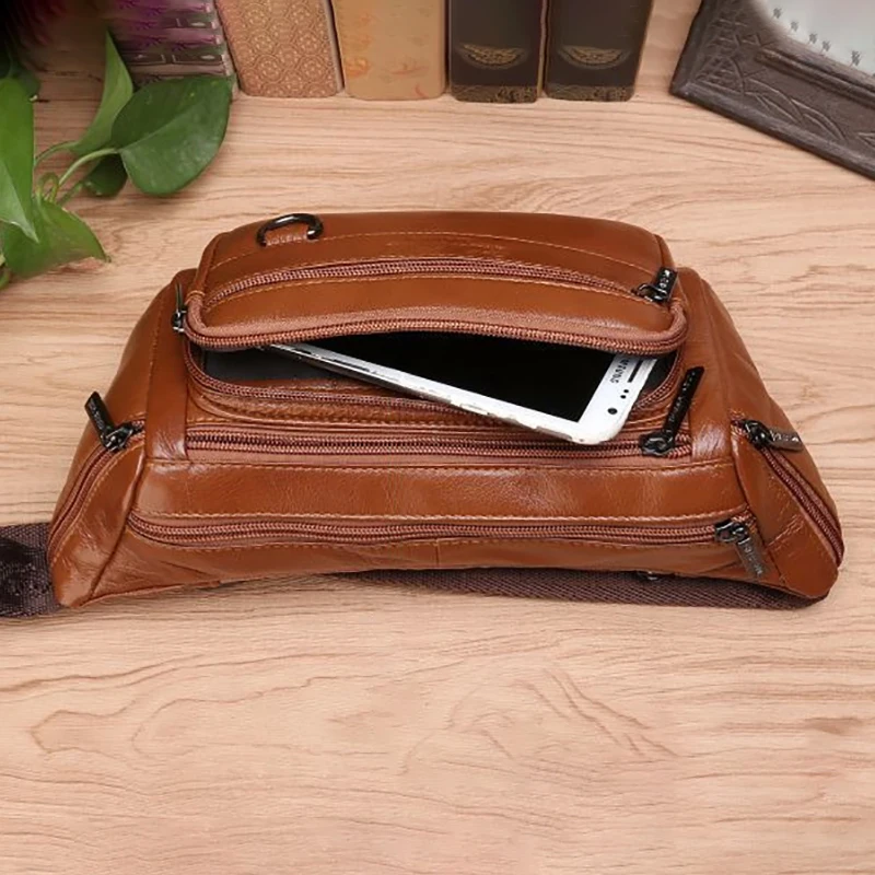 Men Waist Fanny Bags Sling Chest Bag Genuine Leather Casual Fashion Retro Cross body Male Real Cowhide Loop Hip Belt Bum Bag