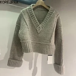 Korejpaa Autumn V Neck Gray Sweaters Women Casual Retro Simple Solid Pullover Knited Top Streetwear Fashion Pull Femme Clothes