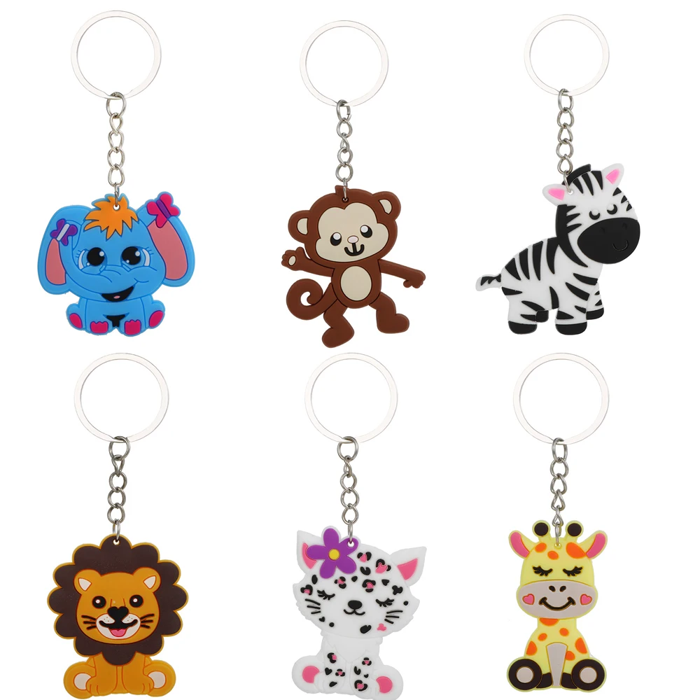 6pcs Carton Wild Animal Keychains Cute Silicone Keychain for Jungle Safari Animal Birthday Party Decor DIY Party Gifts Supplies