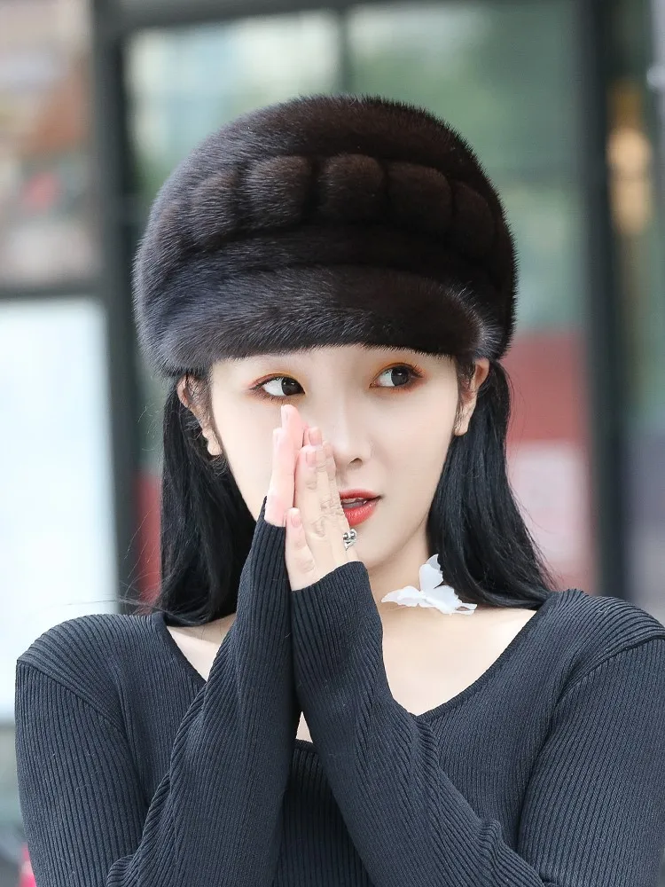 

Leather hat new women's real fur old man mom