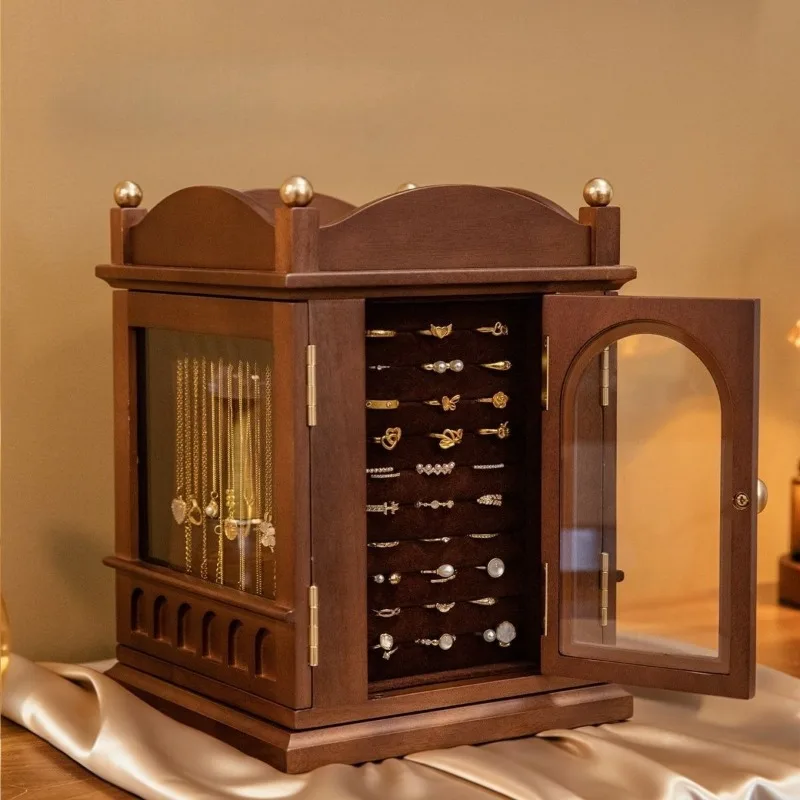 Solid Wood Jewelry Box Detachable 360° Rotating Jewelry Boxes Retro Drawers Necklace Organizer Case Women Ring Display Boxes