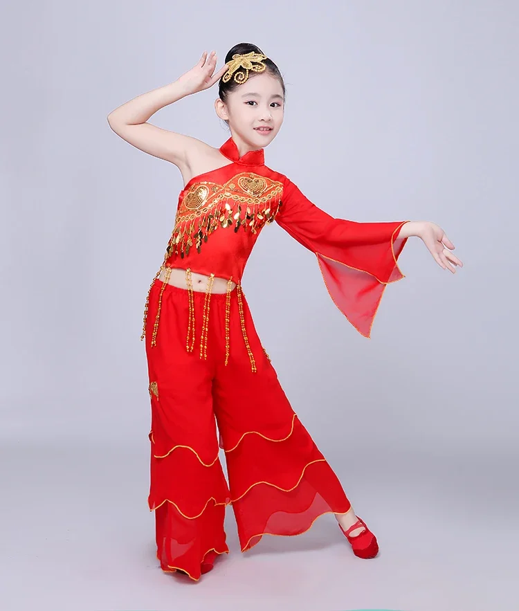 Traje de dança chinesa para crianças, fantasia de dança clássica para meninas, Fan Dance, Yangge, Joyful Ethnic, performance de palco