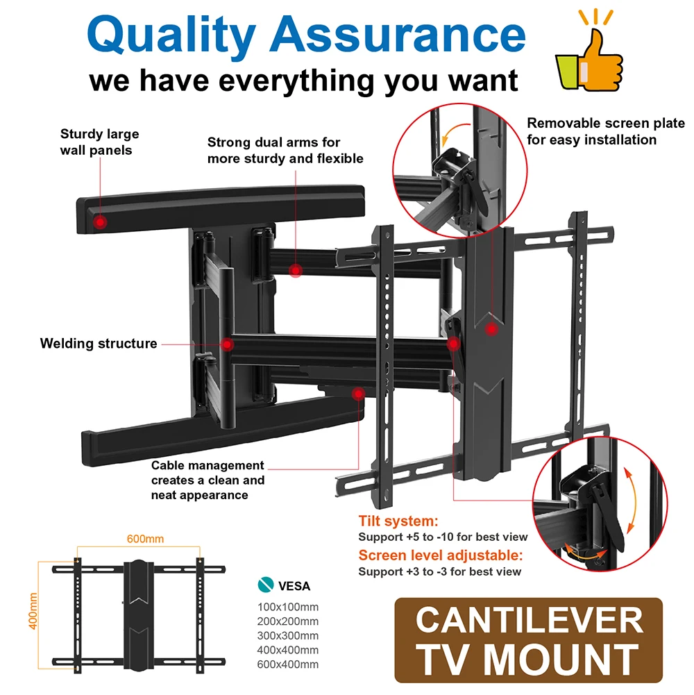 Charmount Flat Panel Tv Mount Max VESA 600*400mm Tv Bracket Full Motion Articulating Tv Wall Mount