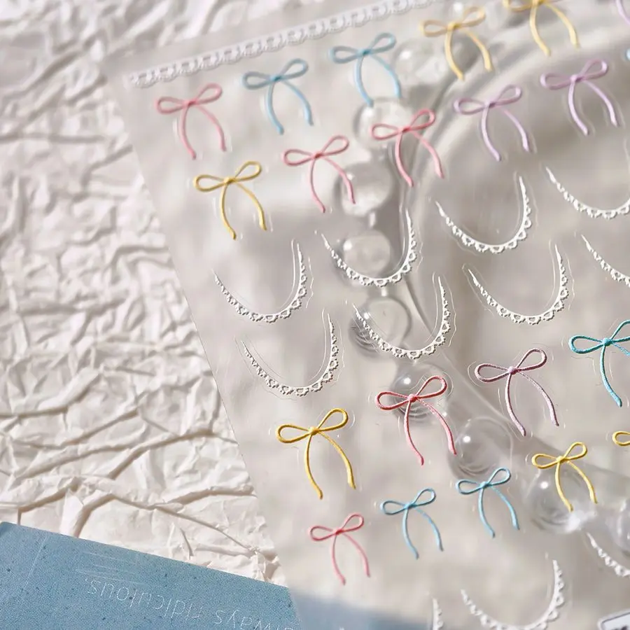 INS Style Summer Dopamine Colorful Bow Relief Stickers Lace Pattern DIY Decorative Stationery Stickers